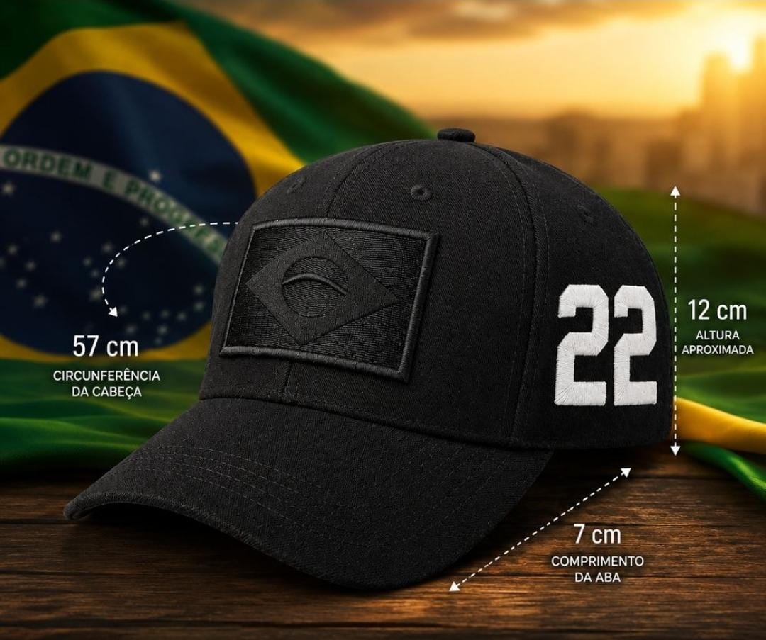 Detalhes do boné Nº 22: circunferência 57 cm, altura 12 cm, aba 7 cm e selos de qualidade